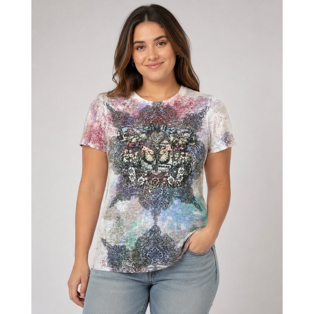 Amour Graphic Tee Women Size M Multi-Color Butterfly Rhinestone Burnout Y2K Top